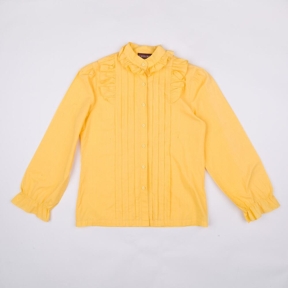 Vintage 80s G. Pellini Yellow Ruffle Blouse Pintuck High Neck Poly Cotton Size M